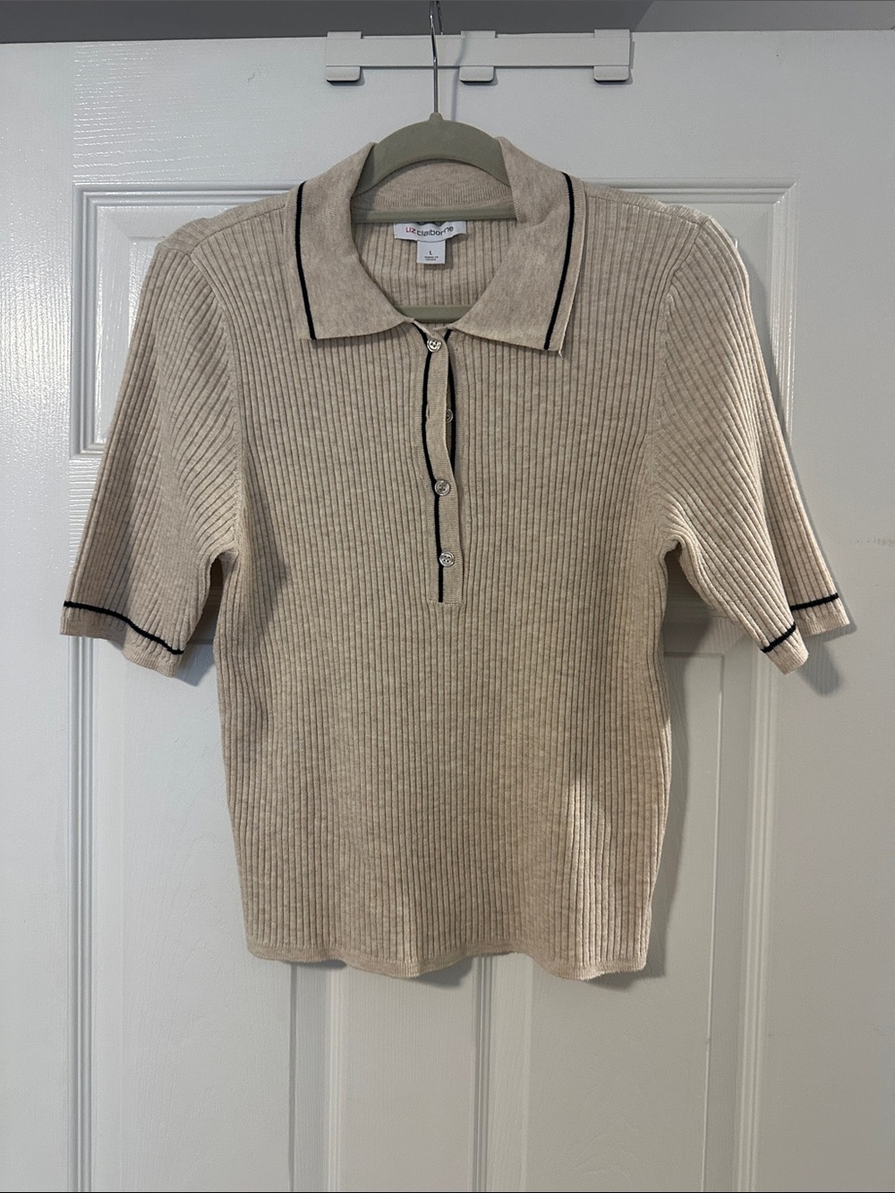 Liz Claiborne Beige Ribbed V-Neck Polo Sweater with Black Trim